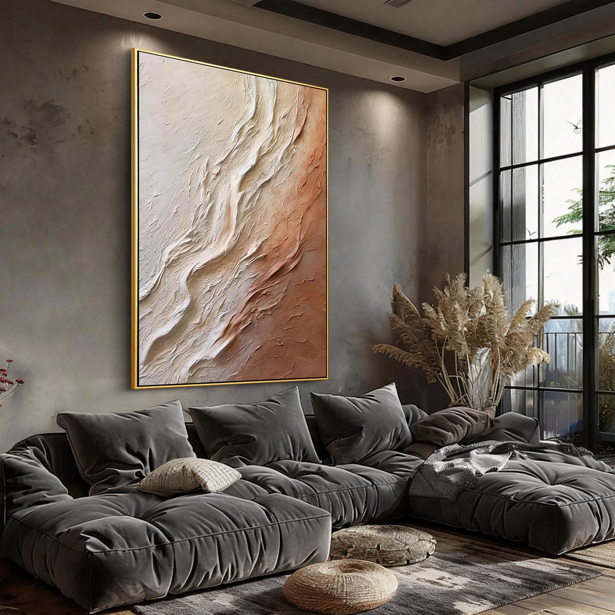 Earthen Flow – Terracotta & Sand Plaster Relief Abstract Painting | Japandi Organic Wabi-Sabi Living Room & Hallway Art