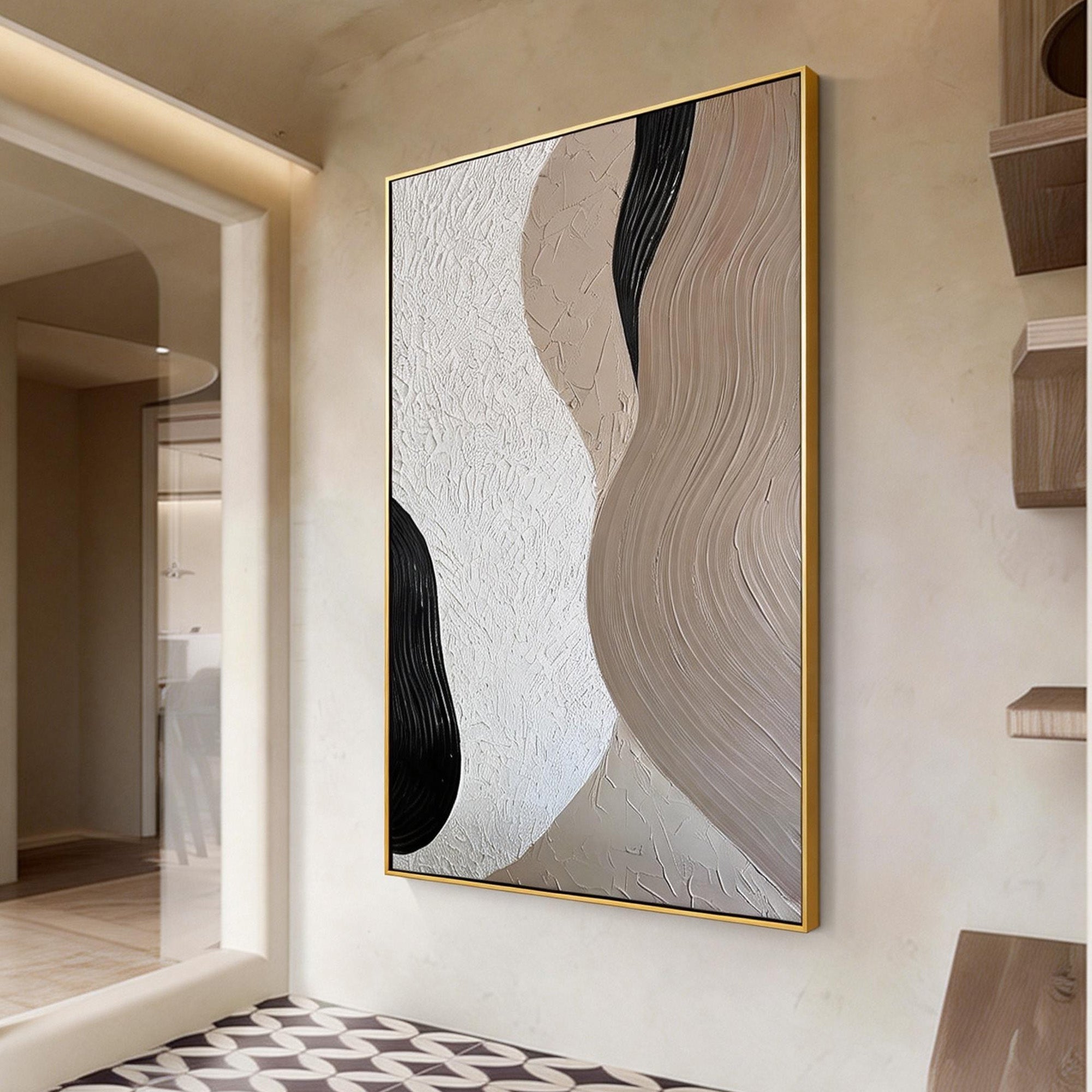 Earthen Flow – Neutral Sand & Espresso Plaster Relief Abstract Painting | Japandi Organic Wabi-Sabi Living Room & Hallway Art