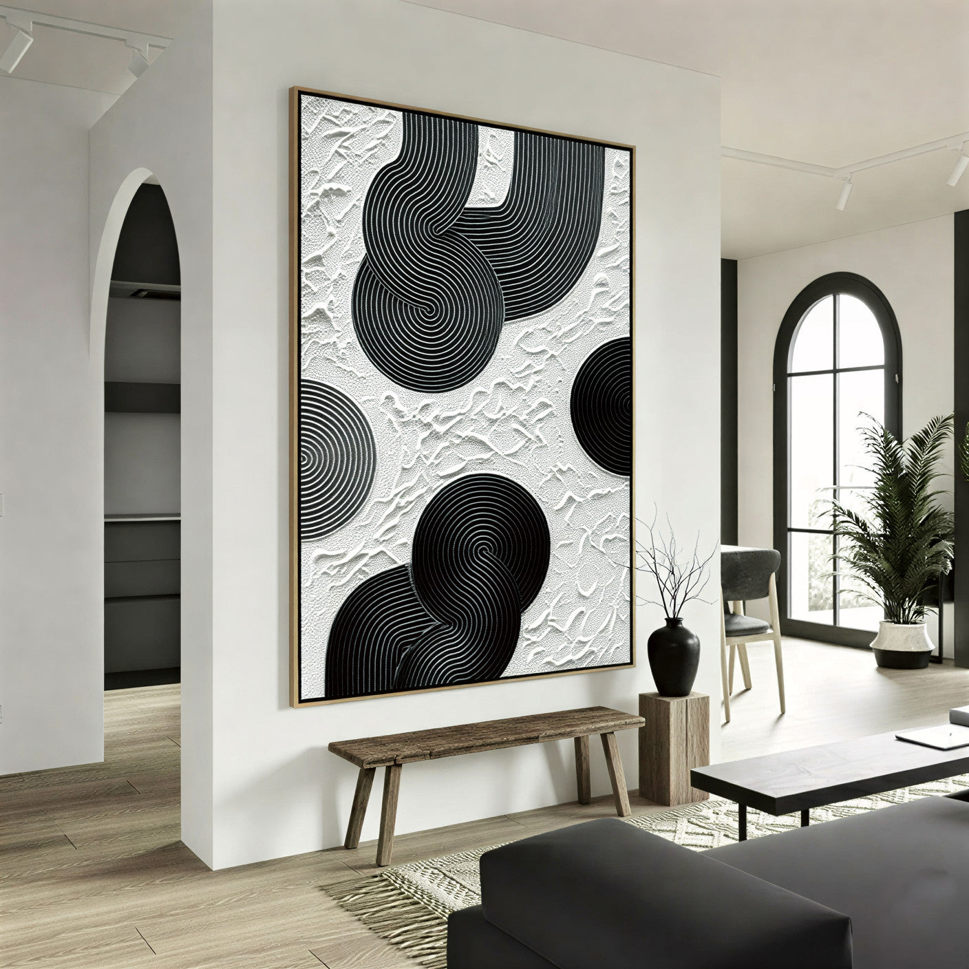 Zen Circles – Minimalist Black & White Sculptural Wabi-Sabi Painting | Modern Noir Wabi-Sabi Living Room & Home Office Art