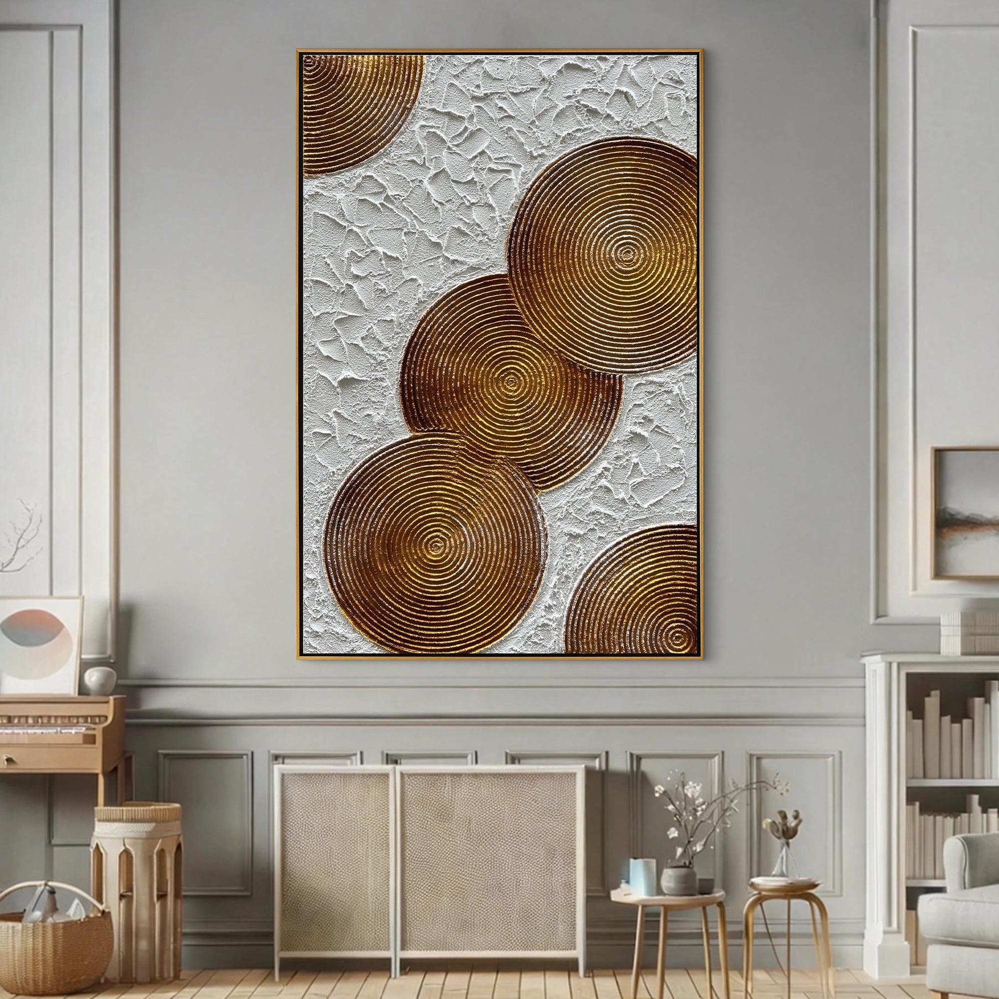 Amber Spheres – Modern Bronze Circle Relief Texture Painting | Contemporary Plaster Texture Living Room & Office Art
