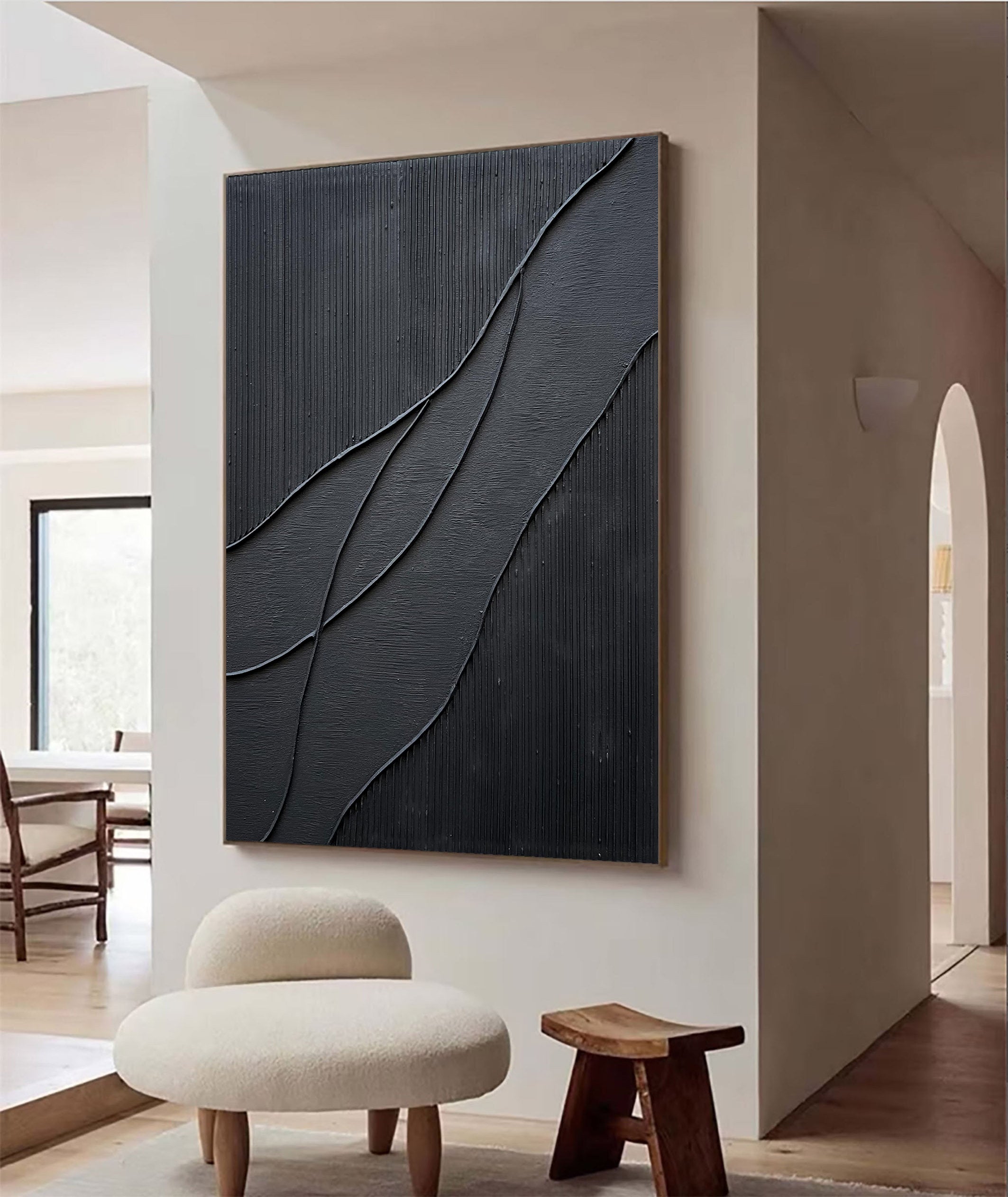 Midnight Flow – Minimalist Black Wave Relief Texture Painting | Modern Minimalist Bedroom & Home Office Art