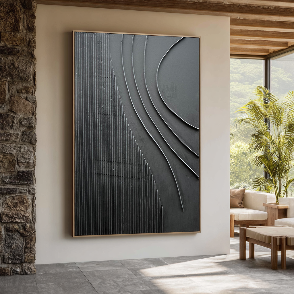 Obsidian Flow – Minimalist Wave Relief Modern Painting | Bold Minimalist Bedroom & Home Office Art