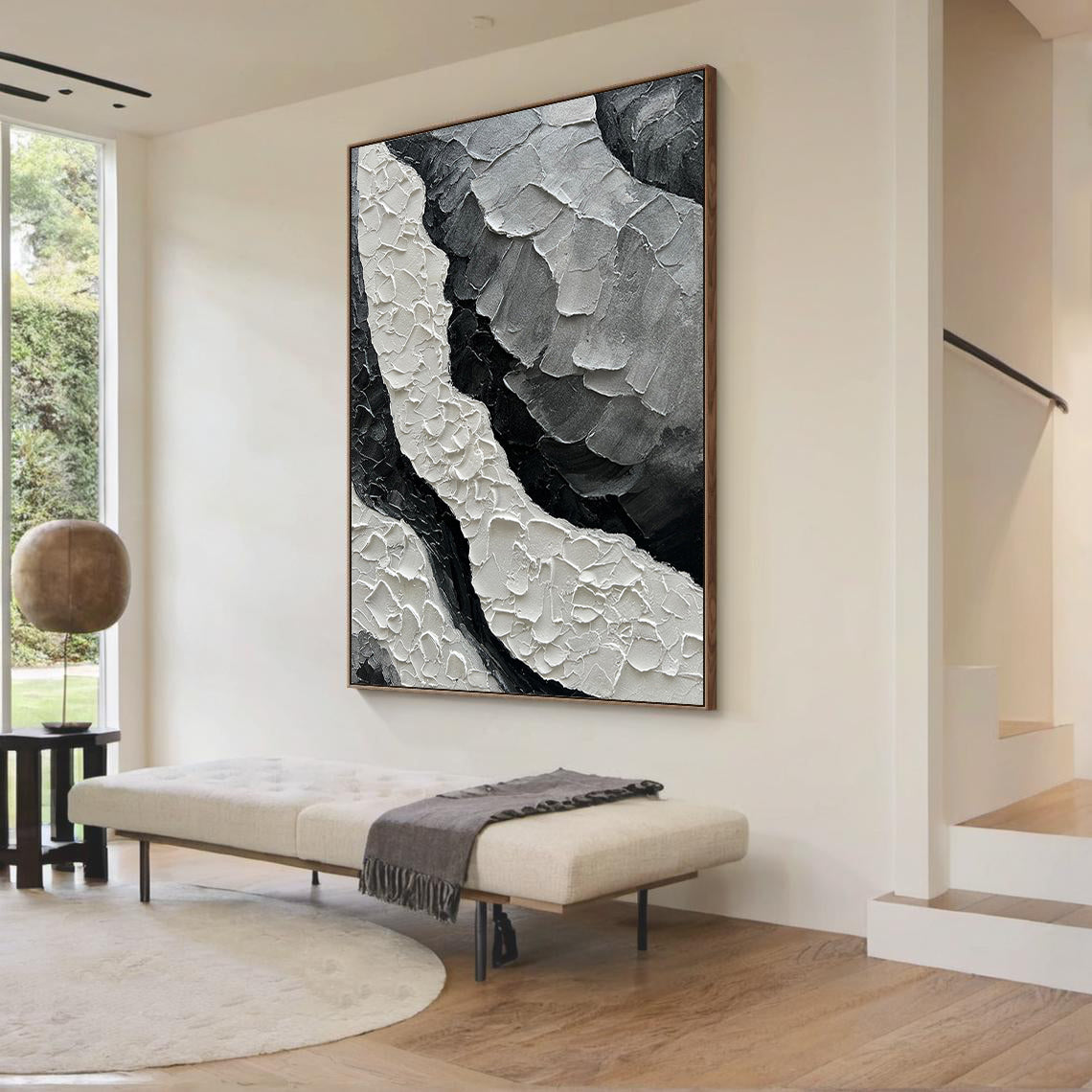 Noir Ridge – Modern Plaster Relief Abstract Texture Painting | Industrial Abstract Home Office & Living Room Art