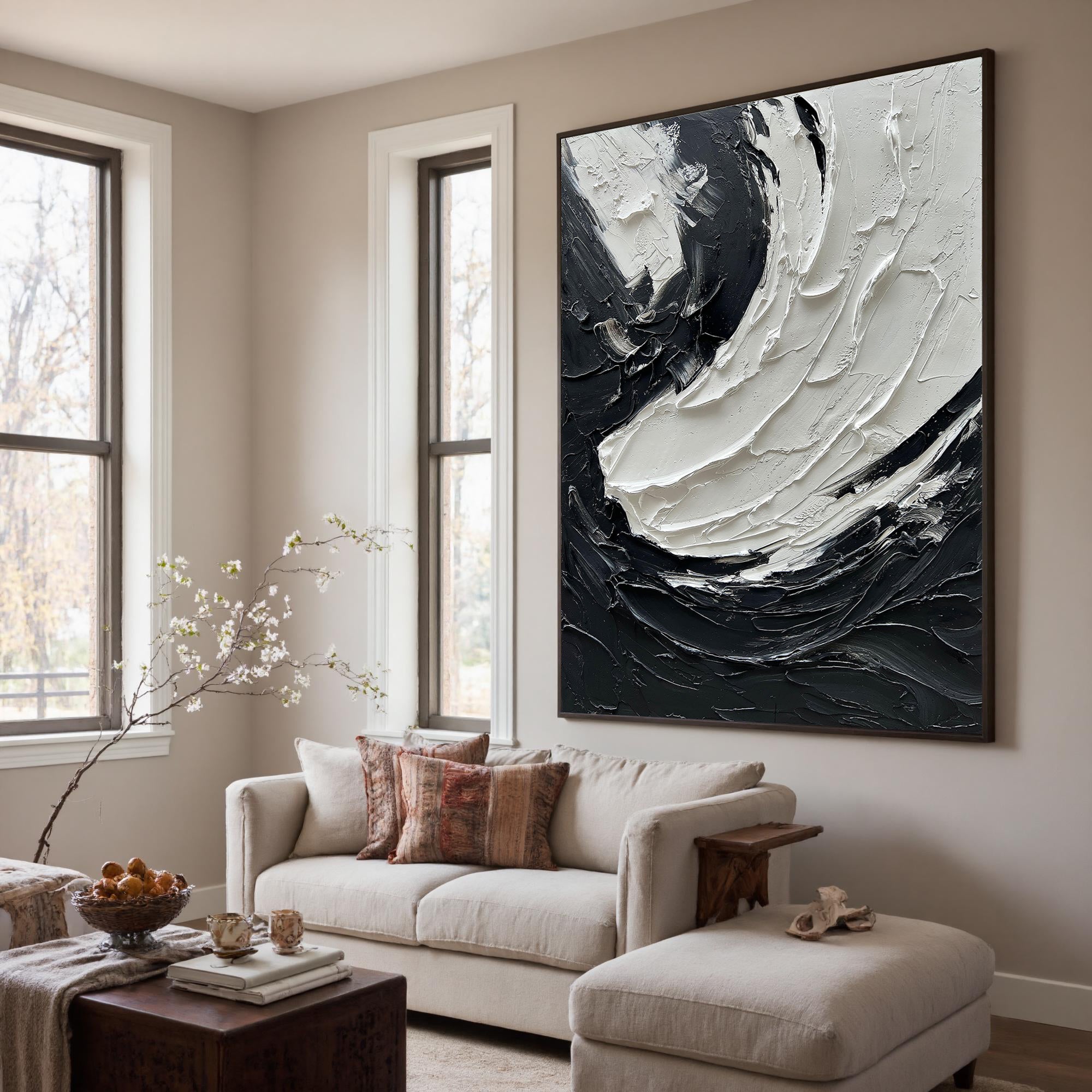 Zen Flow – Modern Impasto Swirl Relief Texture Painting | Contemporary Plaster Texture Living Room & Office Art
