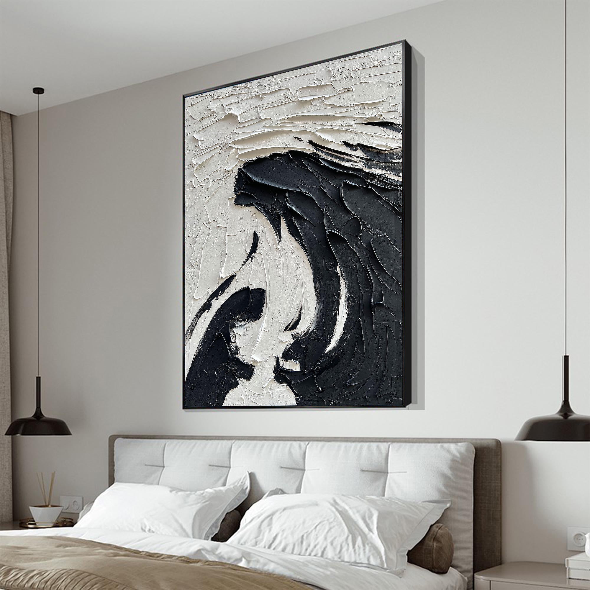 Noir Swirl – Black and White Plaster Relief Abstract Painting | Industrial Abstract Home Office & Living Room Art