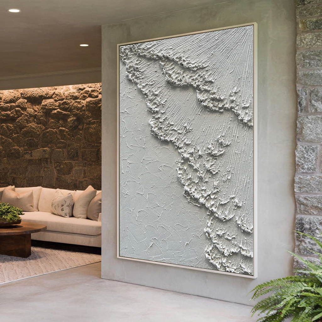 Frosted Ridge – Rugged White Rock Relief Texture Painting | Contemporary Plaster Texture Living Room & Office Art