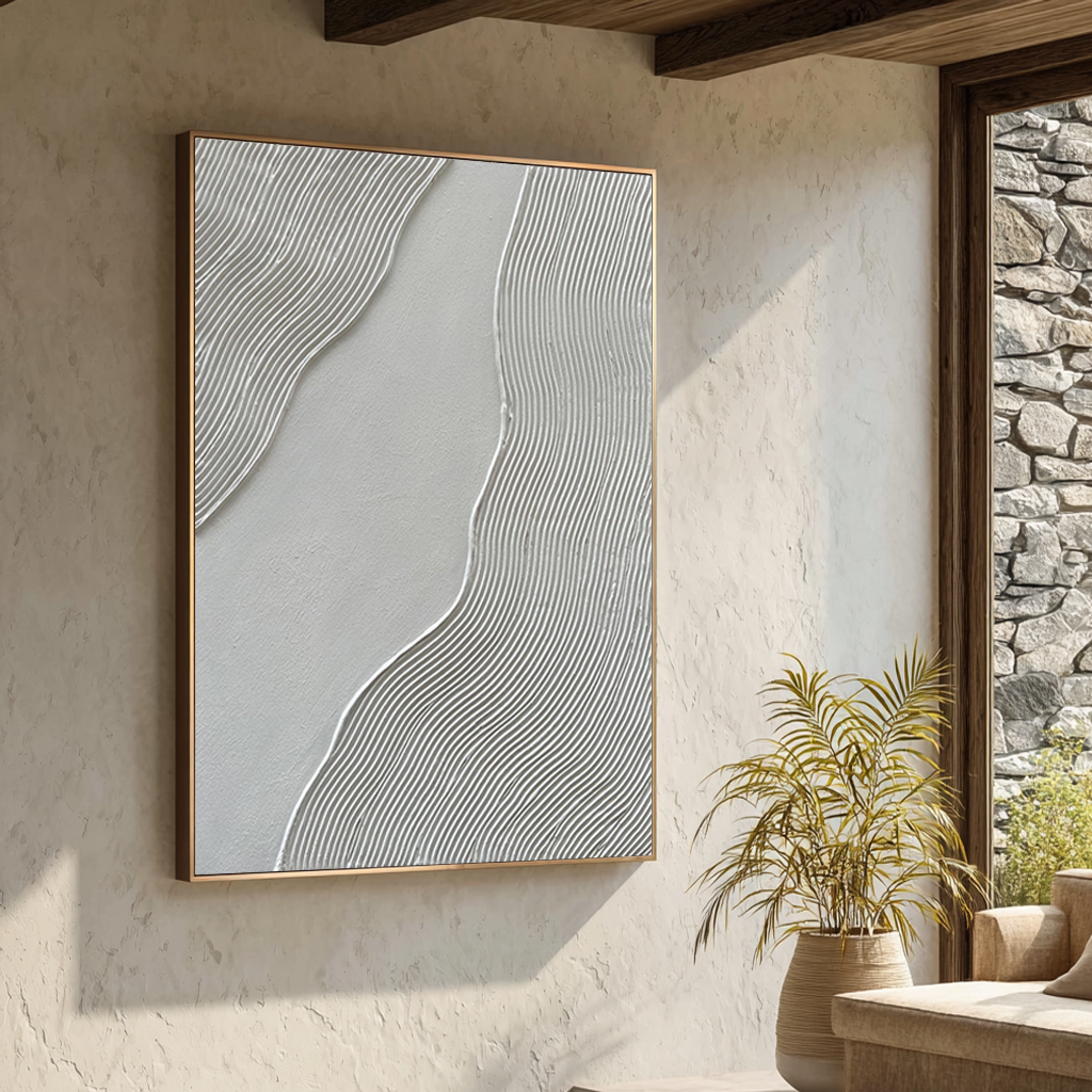 Silk Ripples – Modern White Linear Wave Relief Texture Painting | Contemporary Plaster Texture Living Room & Office Art