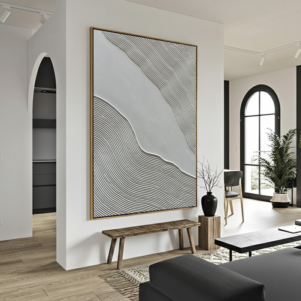 Silent Ripples – Wabi-sabi Linear Texture Painting | Minimalist Grey 3D Relief Hallway Art