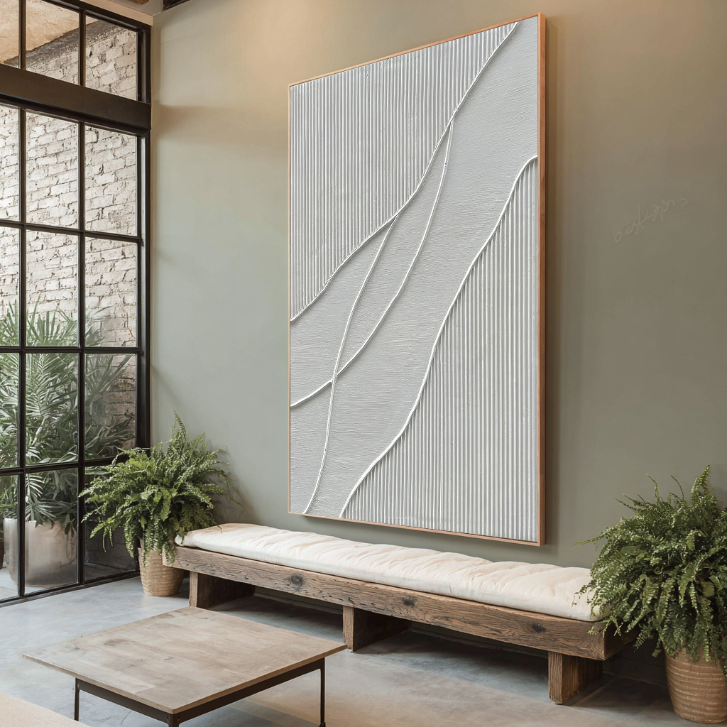 Linear Silence – Minimalist Wave Relief Modern Painting | Modern Minimalist Bedroom & Home Office Art