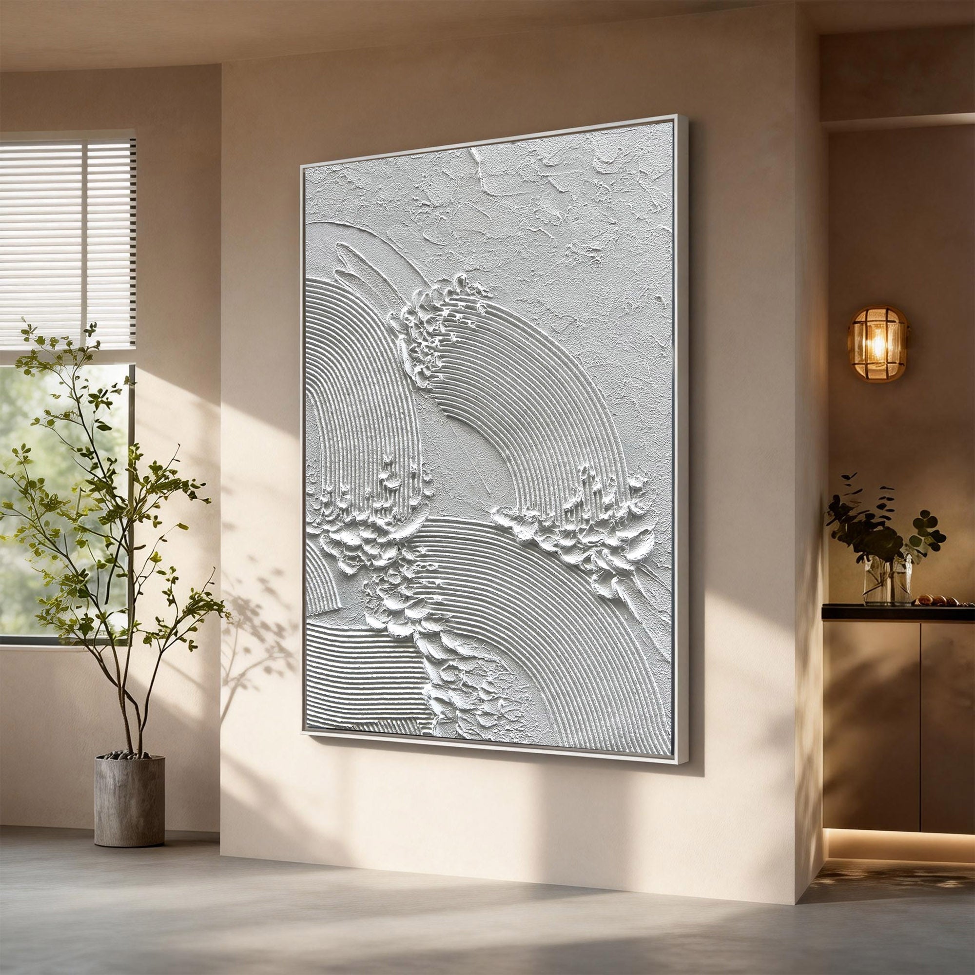 White Crest – Sculpted Plaster Ocean Relief Texture Painting | Coastal Modern Living Room & Bedroom Art