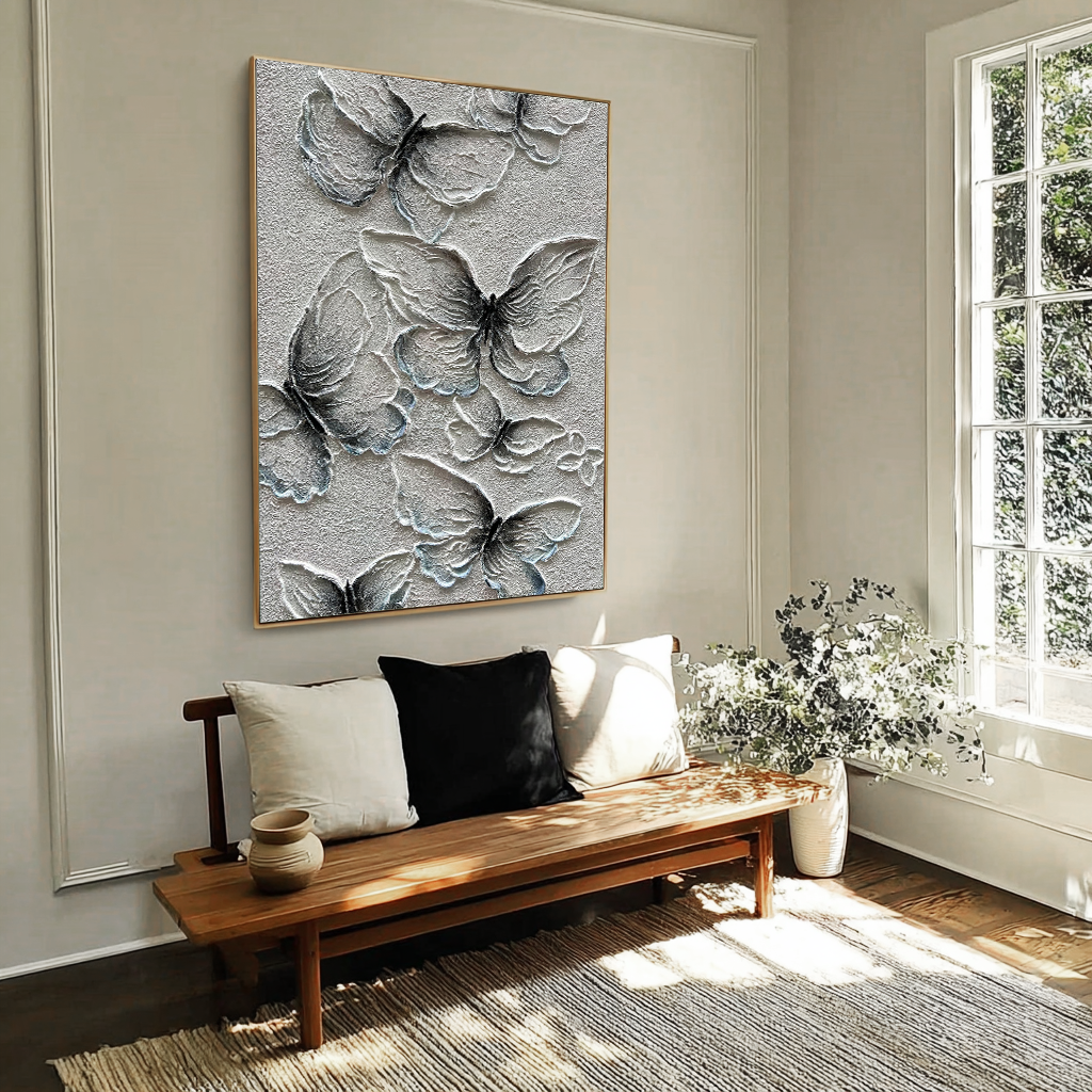 Gossamer Wings – White Plaster Animal Relief Texture Painting | Contemporary Plaster Texture Living Room & Office Art