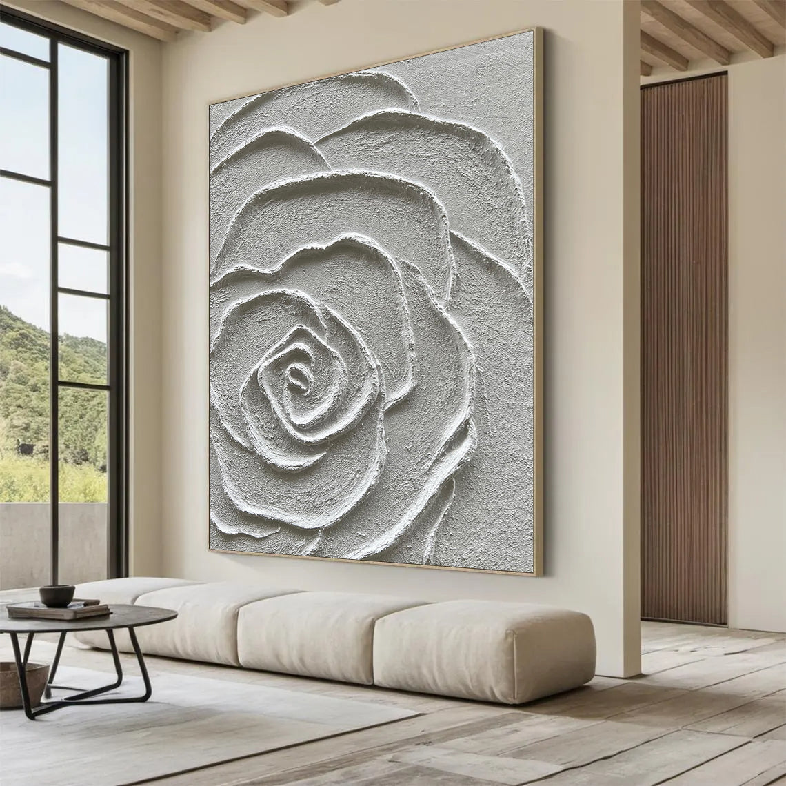 Petal Sculpture – 3D White Rose Relief Minimalist Painting | Contemporary Botanical Bedroom & Living Room Art