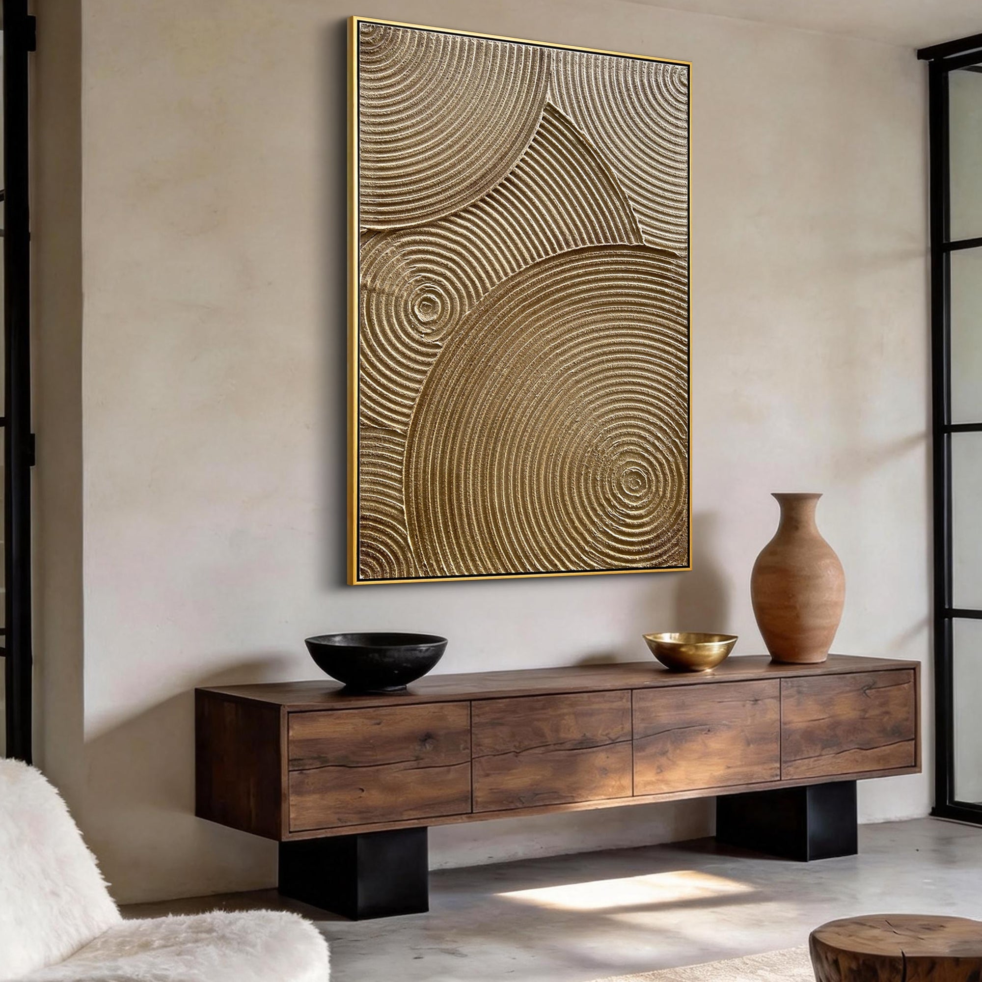 Ripples of Time – Wabi-Sabi Warm Gold Concentric Line Art | Modern Textured Living Room Art