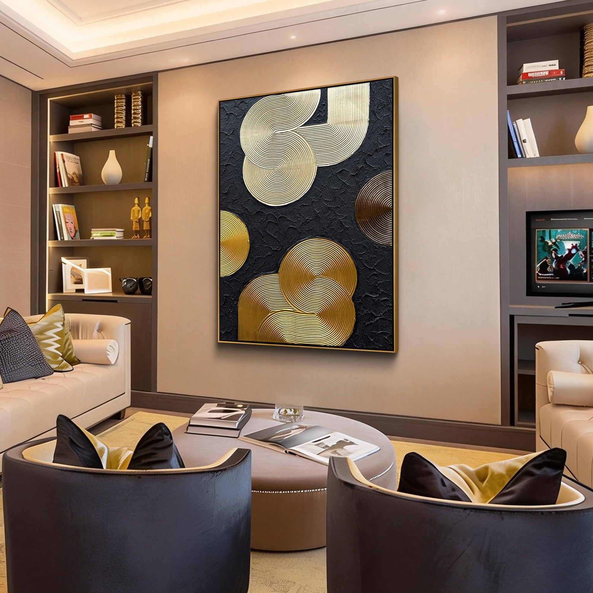 Metallic Orbit – Luxury Black & Gold 3D Linear Geometric Art | Modern High-End  Living Room Art