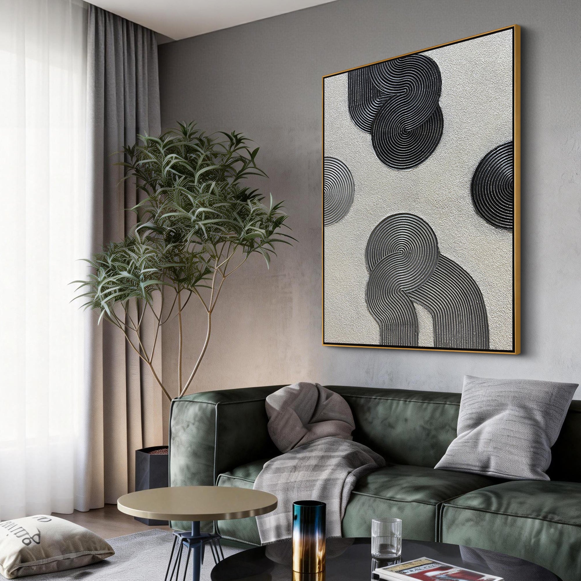 Cosmic Balance – Minimalist Black & Gray 3D Linear Geometric Art | Modern Textured Living Room Art
