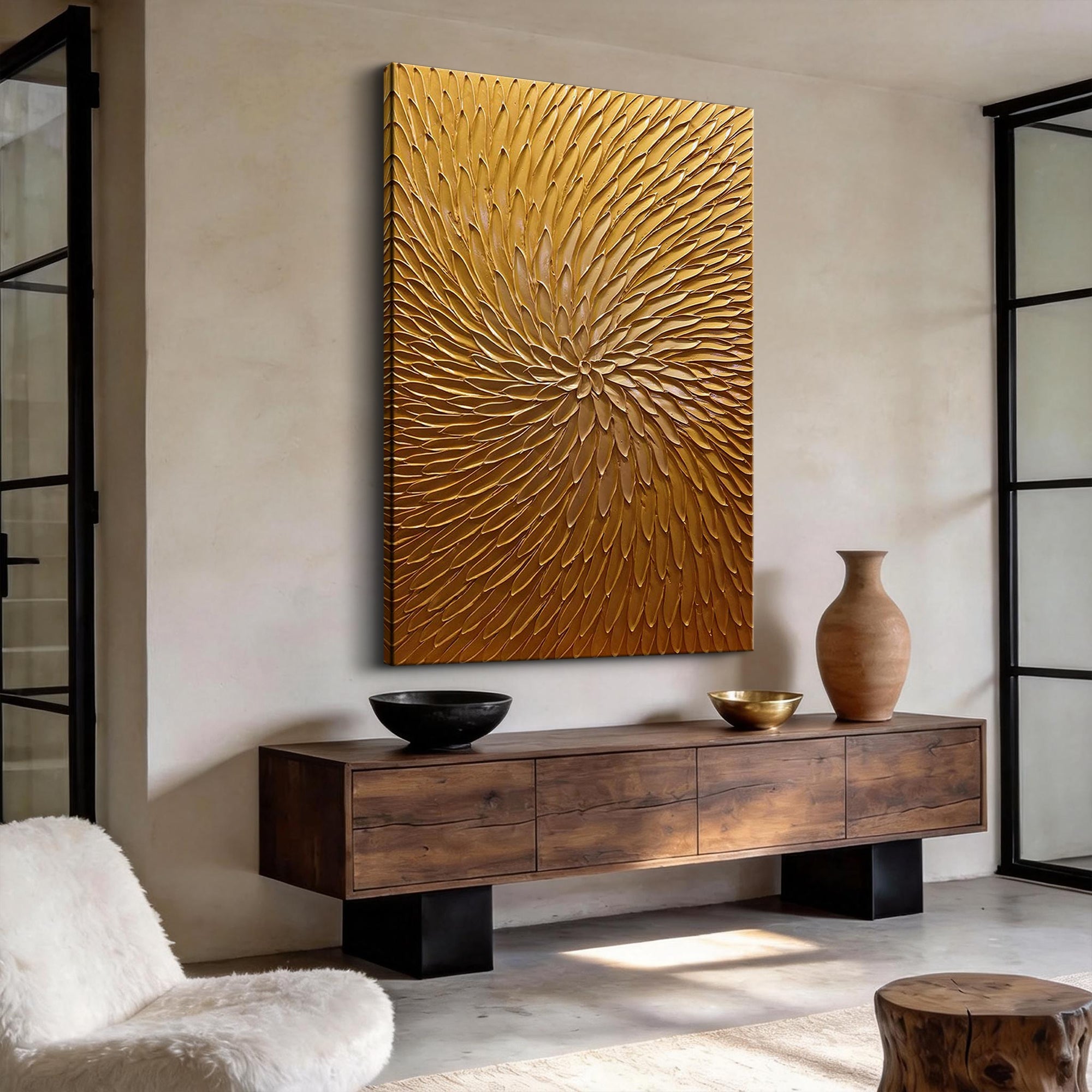 Radiant Vortex – Minimalist Heavy Impasto Radiating Canvas | Modern Abstract Entryway Art