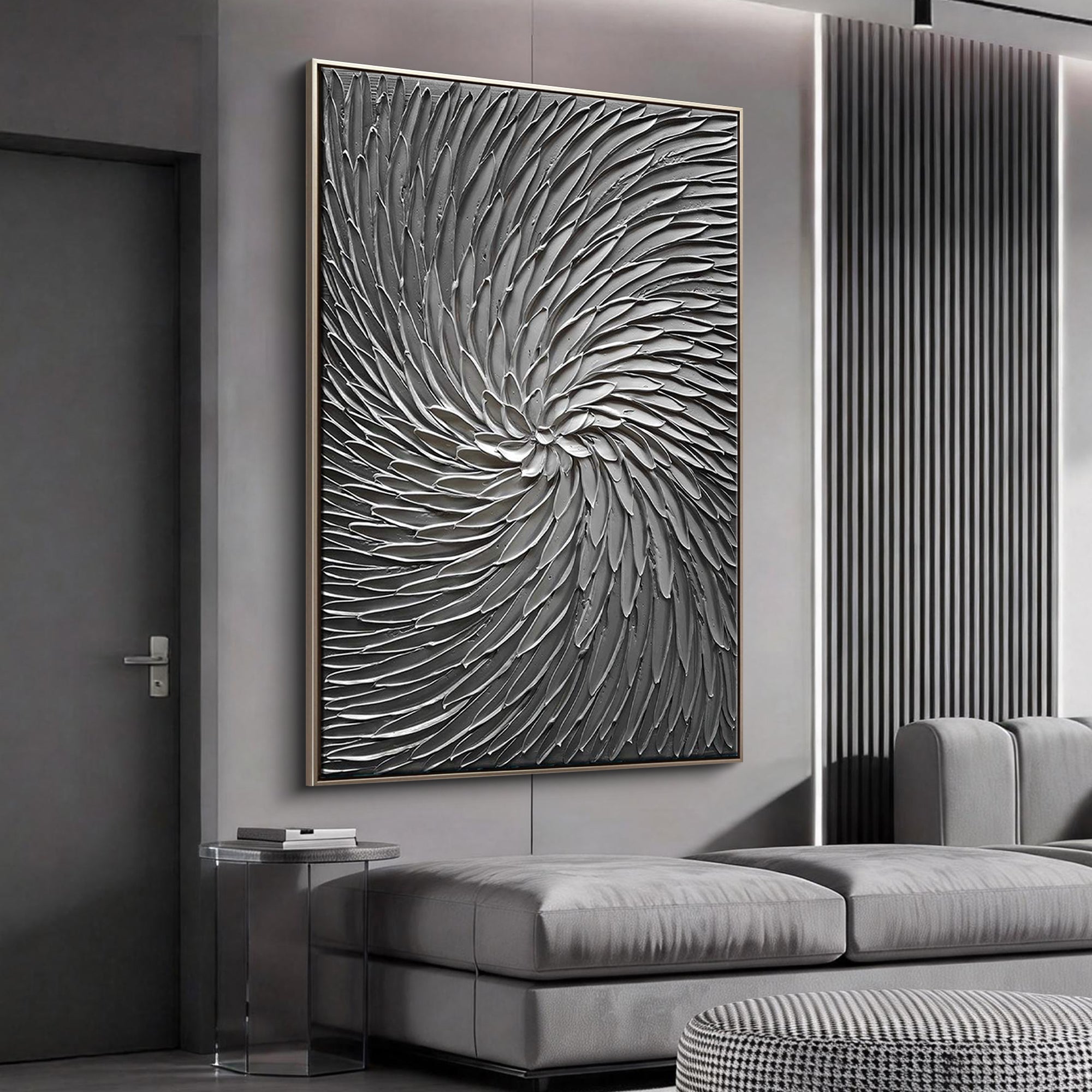 Silver Cyclone – Modern Architectural Gray Heavy Impasto Painting | Luxury Minimalist HallwayArt