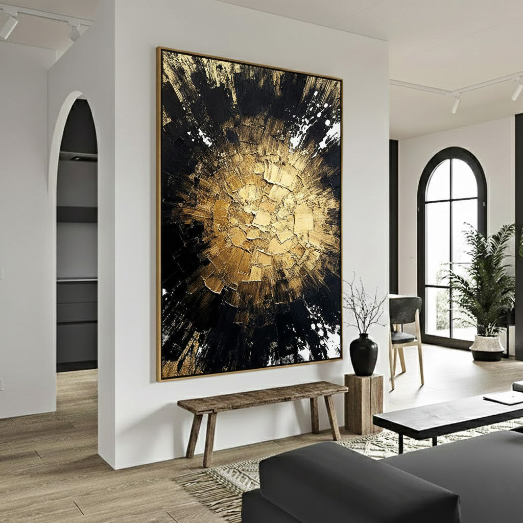 Cosmic Dawn – Modern Luxury Gold & Black Heavy Textured Painting | Premium Abstract Living Room Art
