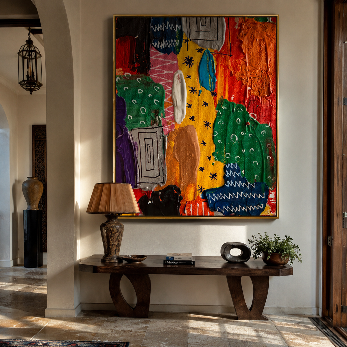 Chromatic Strata Rising styled in a quiet reading nook with neutral furnishings