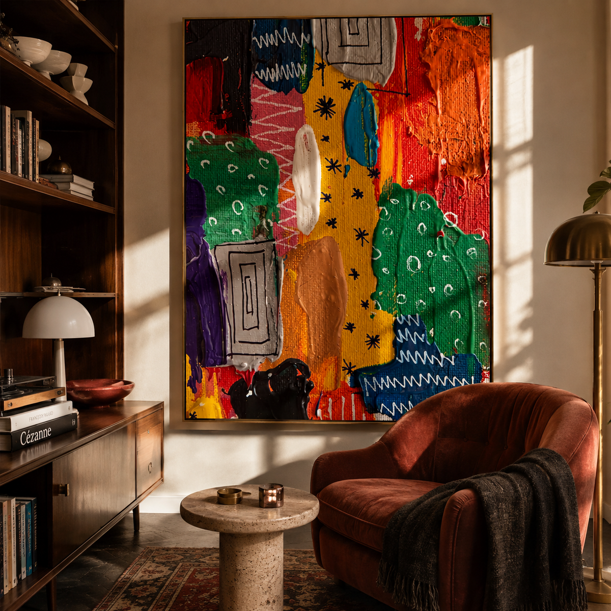 Chromatic Strata Rising presented over an entryway console in a contemporary home