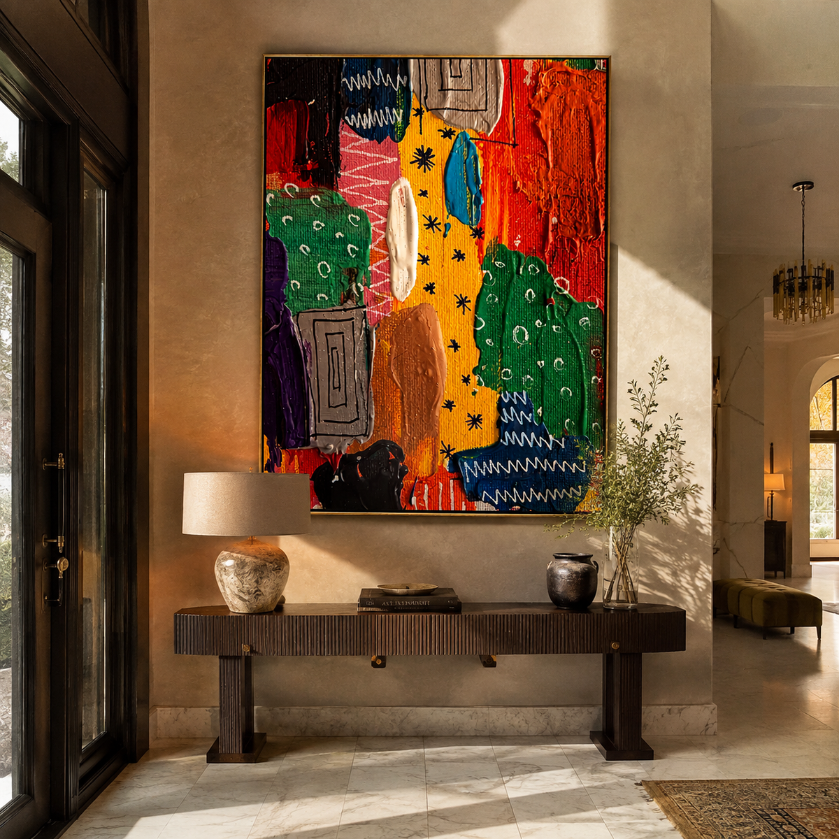 Chromatic Strata Rising displayed in a dining room with coordinated modern decor