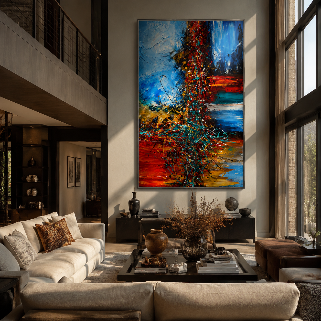 Electric Strata in Motion displayed above a living room sofa in a warm modern interior