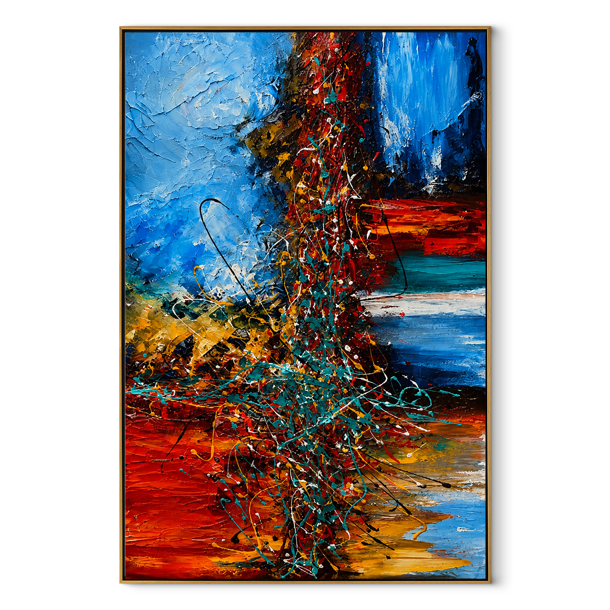 Electric Strata in Motion blue red geometric textured abstract painting, vertical canvas artwork