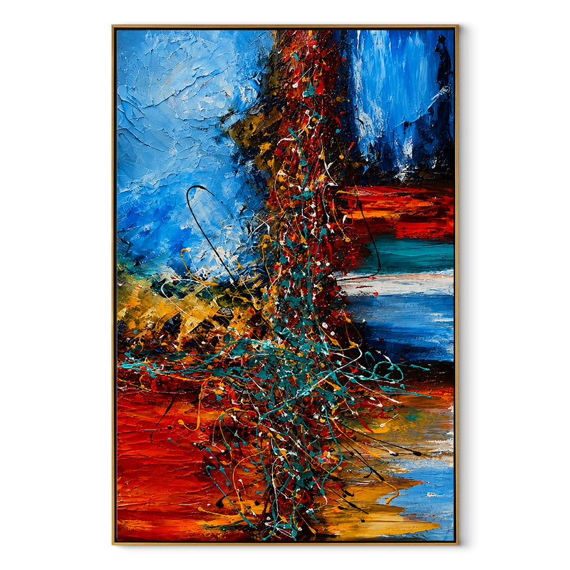 Electric Strata in Motion – Blue Red Abstract Textured Painting | Modern Vertical Living Room Wall Art