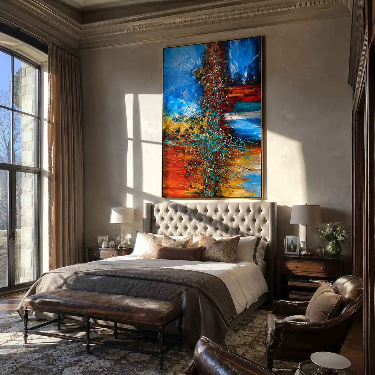 Electric Strata in Motion styled in a quiet reading nook with neutral furnishings