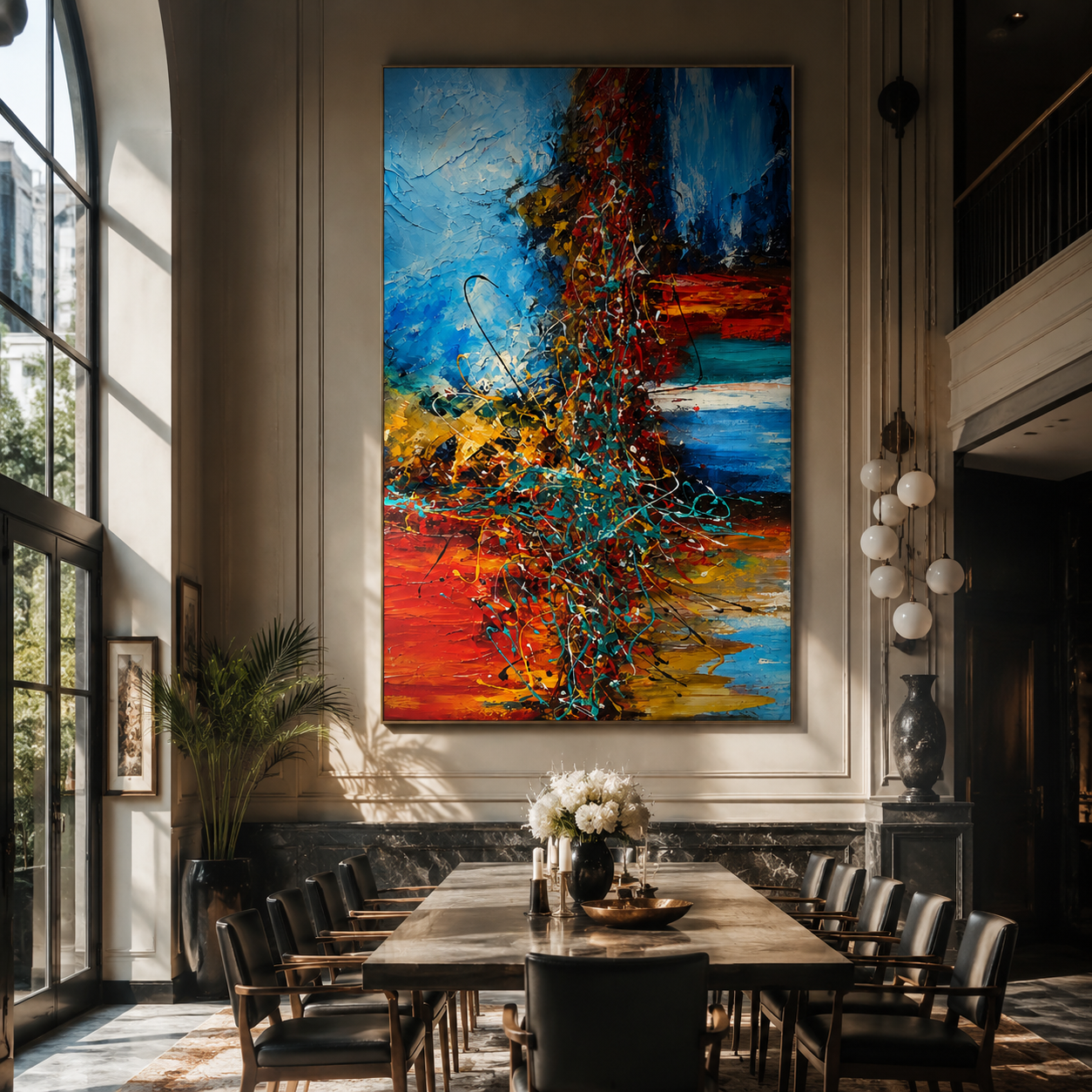 Electric Strata in Motion displayed in a dining room with coordinated modern decor