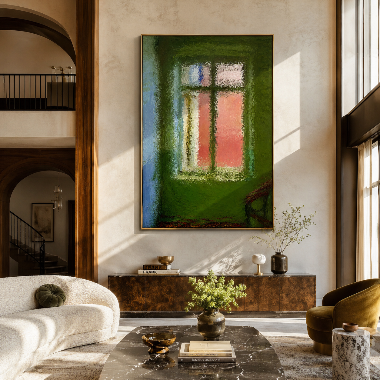 Window Through Olive Light displayed above a living room sofa in a warm modern interior