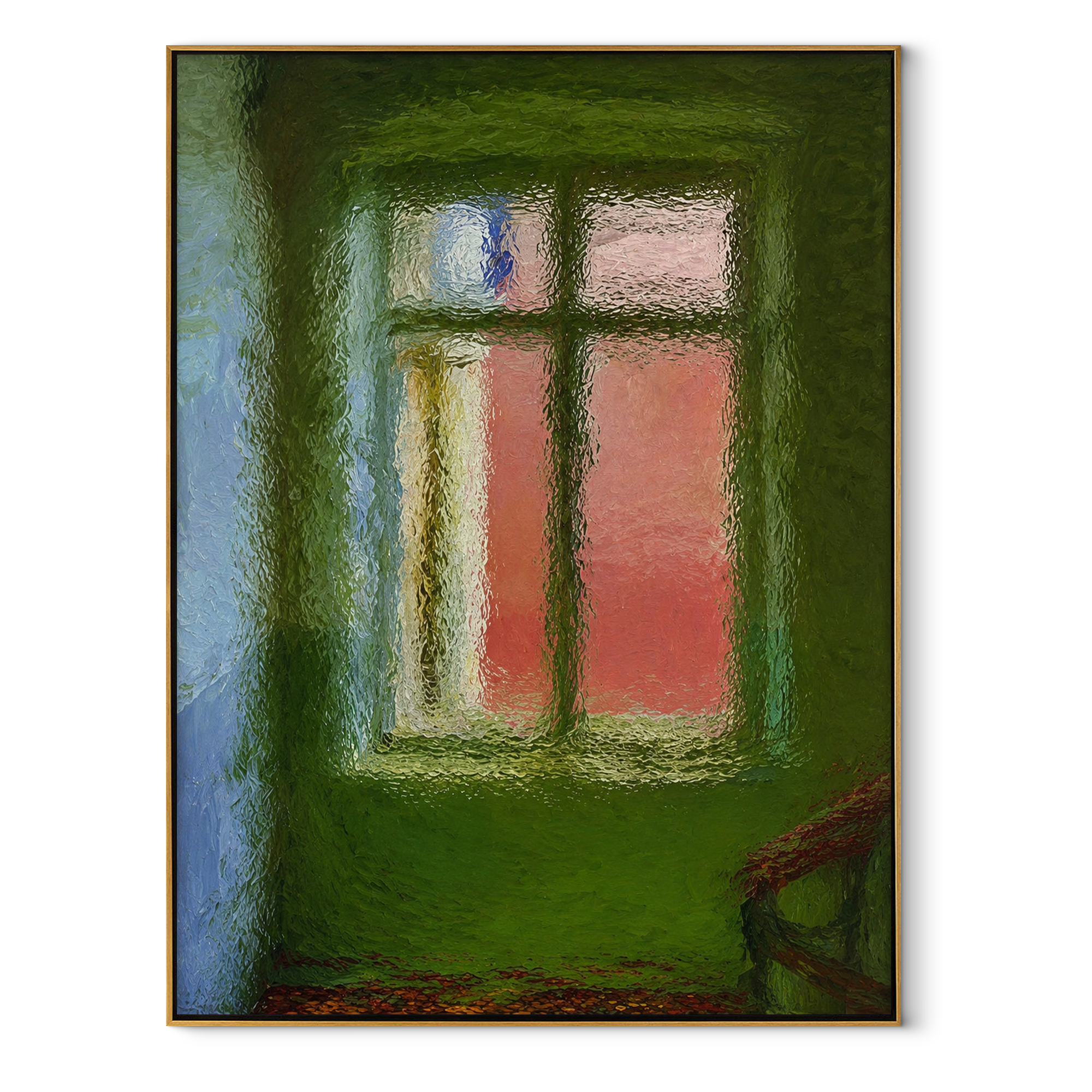 Window Through Olive Light green pink geometric textured abstract painting, vertical canvas artwork