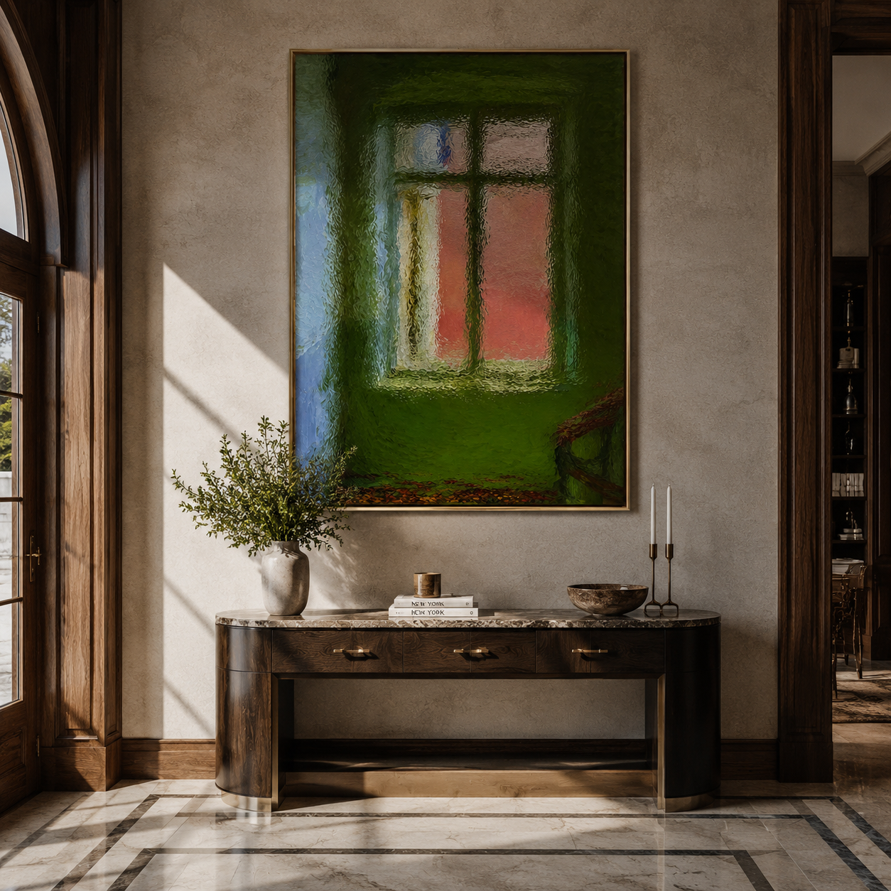 Window Through Olive Light styled in a quiet reading nook with neutral furnishings