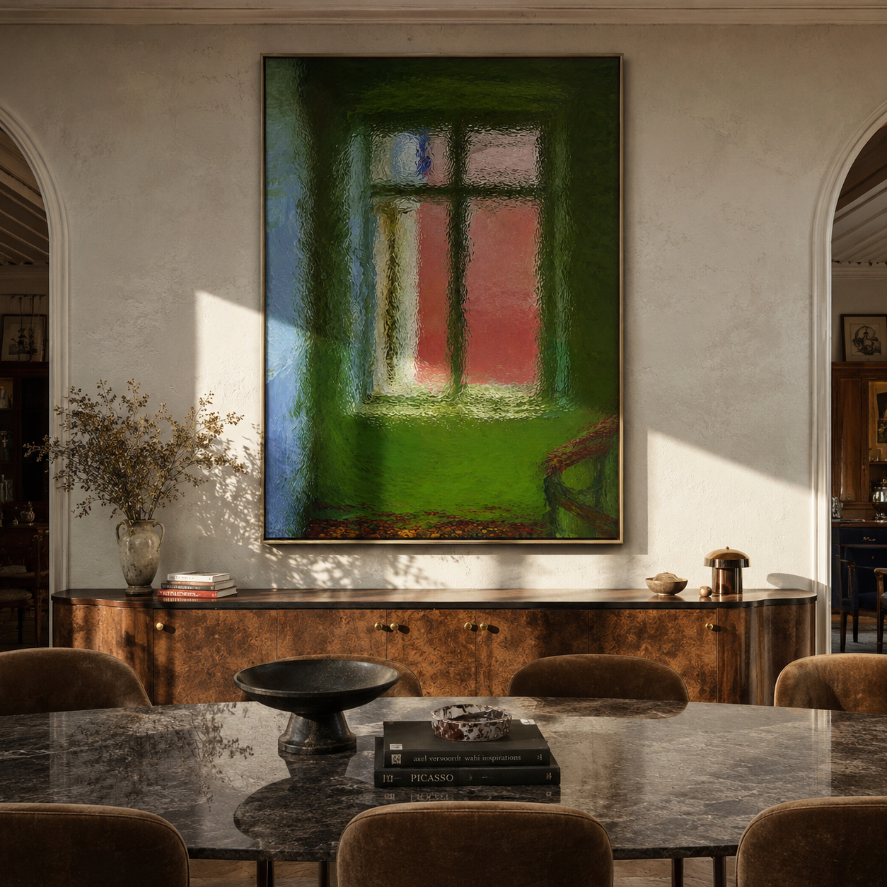 Window Through Olive Light presented over an entryway console in a contemporary home