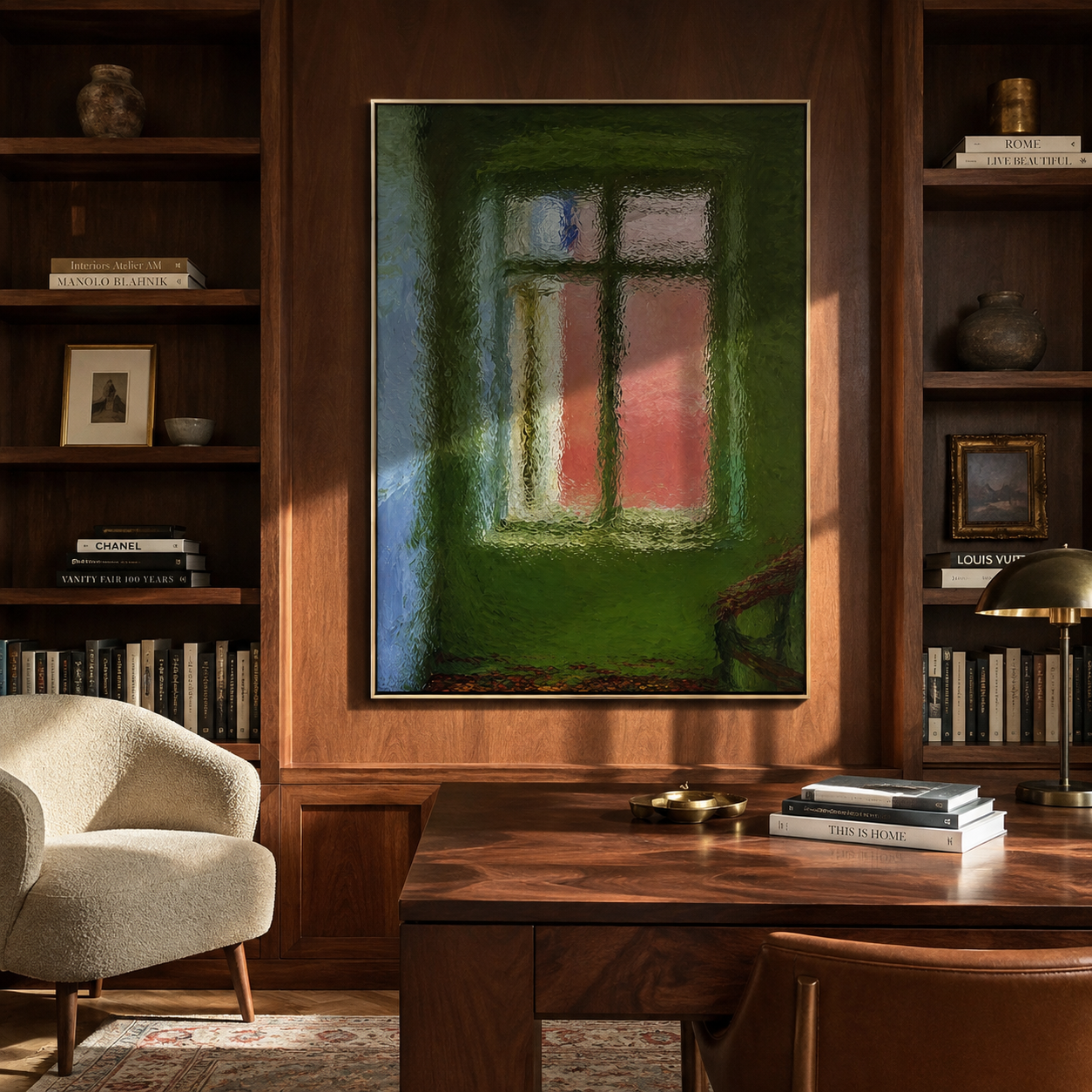 Window Through Olive Light displayed in a dining room with coordinated modern decor