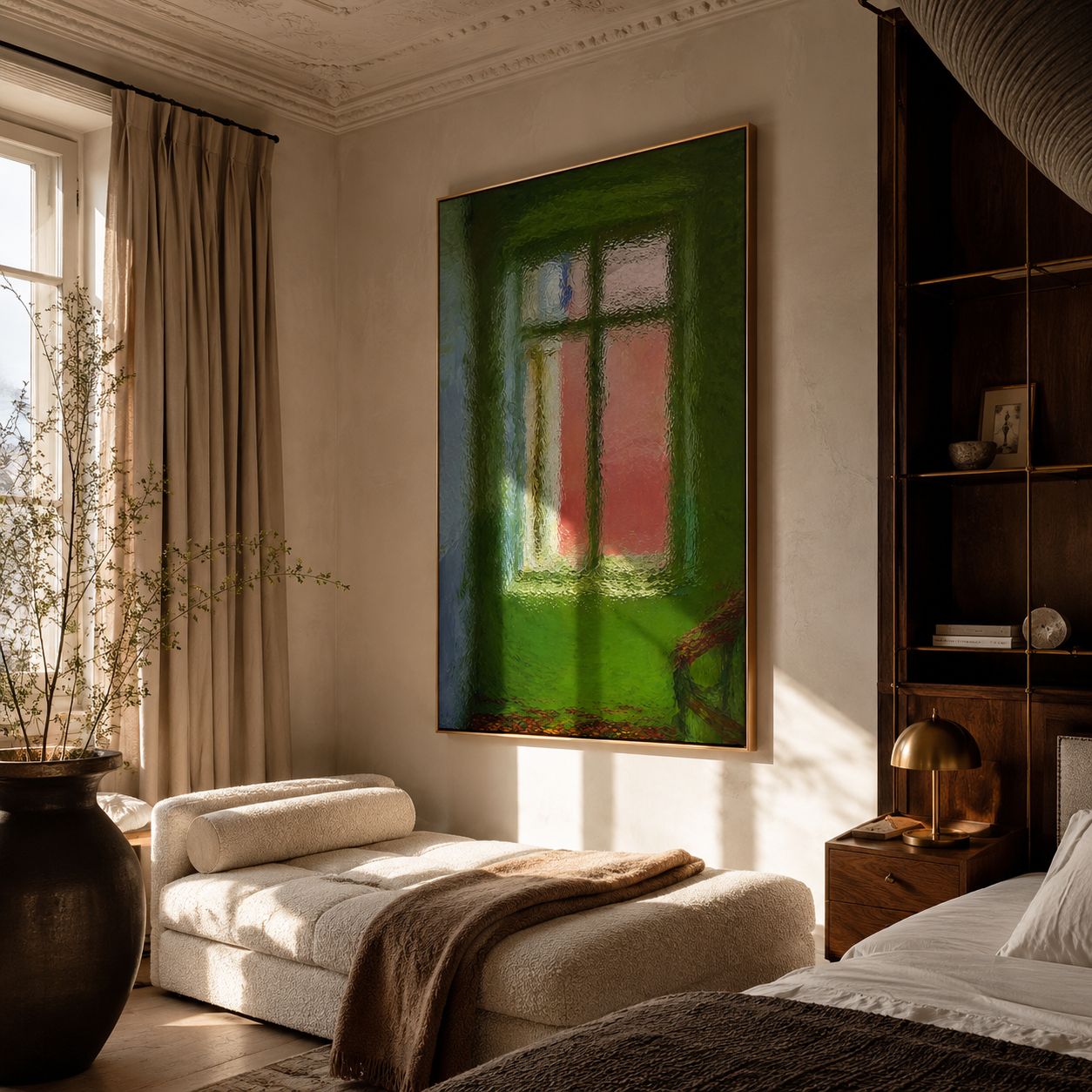 Window Through Olive Light styled above a bed in a calm, layered bedroom interior