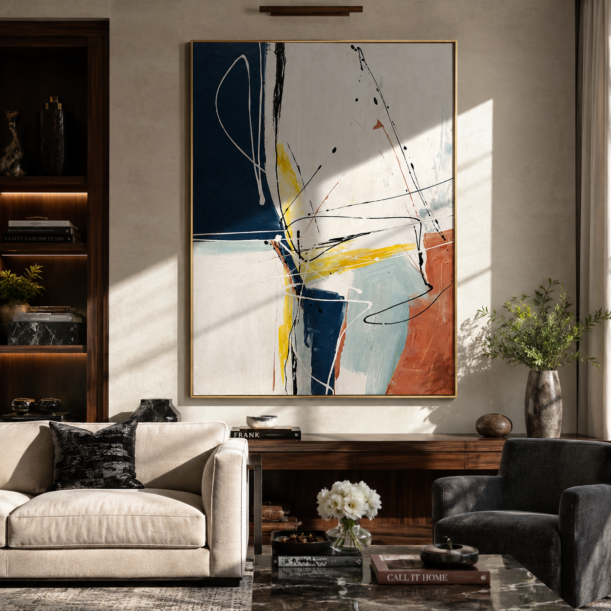 Lines Across Stillness styled above a bed in a calm, layered bedroom interior