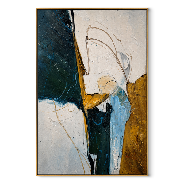 Gilded Tides Converging – Navy Gold Abstract Textured Painting | Modern Vertical Office Wall Art