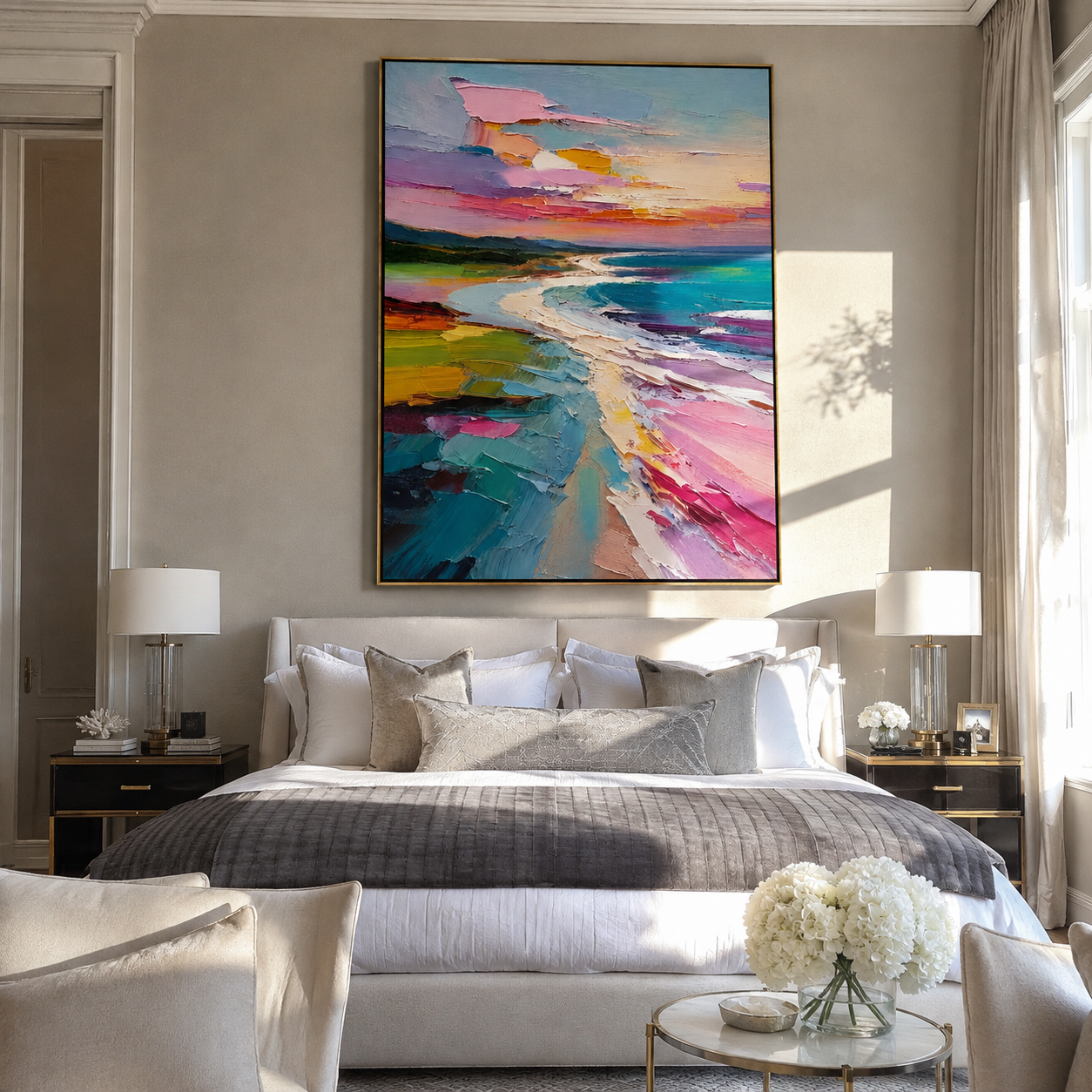 Pastel Shoreline Unfolding displayed above a living room sofa in a warm modern interior