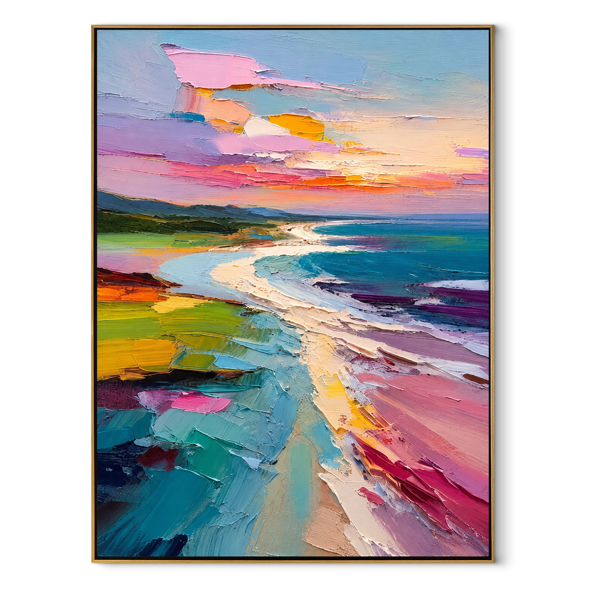 Pastel Shoreline Unfolding pink blue textured coastal landscape painting, vertical canvas artwork