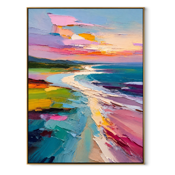 Pastel Shoreline Unfolding – Pink Blue Coastal Landscape Painting | Vertical Bedroom Wall Art
