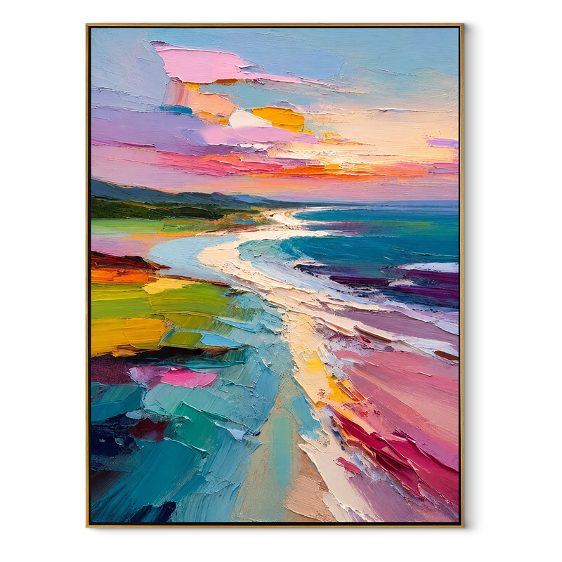 Pastel Shoreline Unfolding – Pink Blue Coastal Landscape Painting | Vertical Bedroom Wall Art