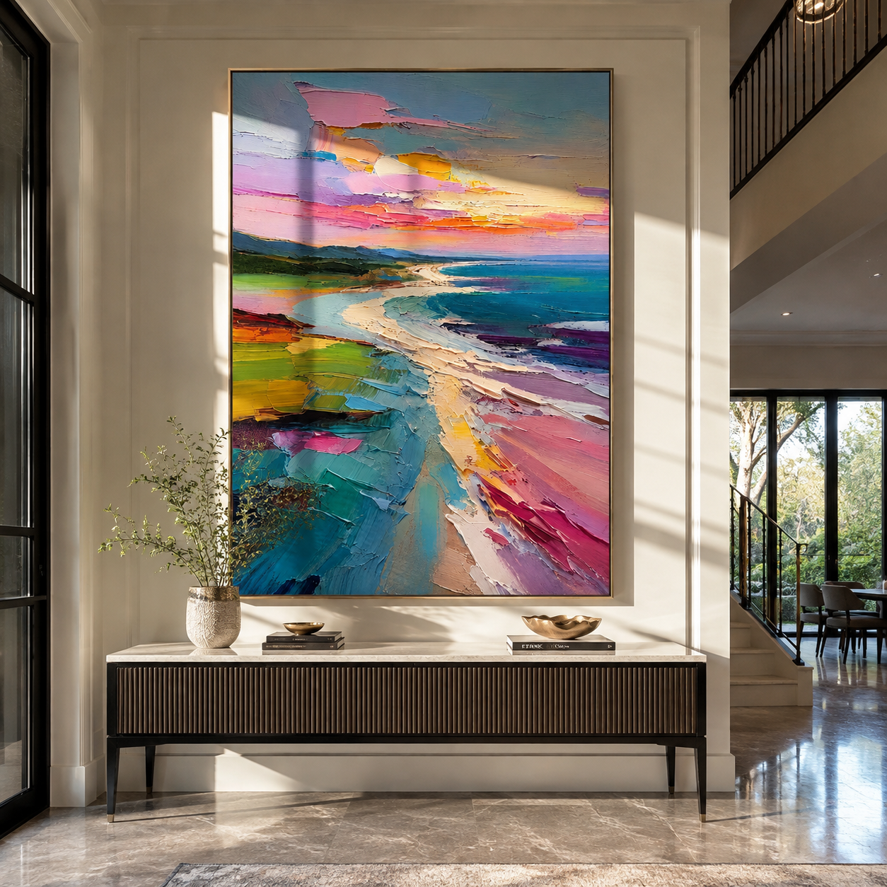Pastel Shoreline Unfolding styled in a quiet reading nook with neutral furnishings