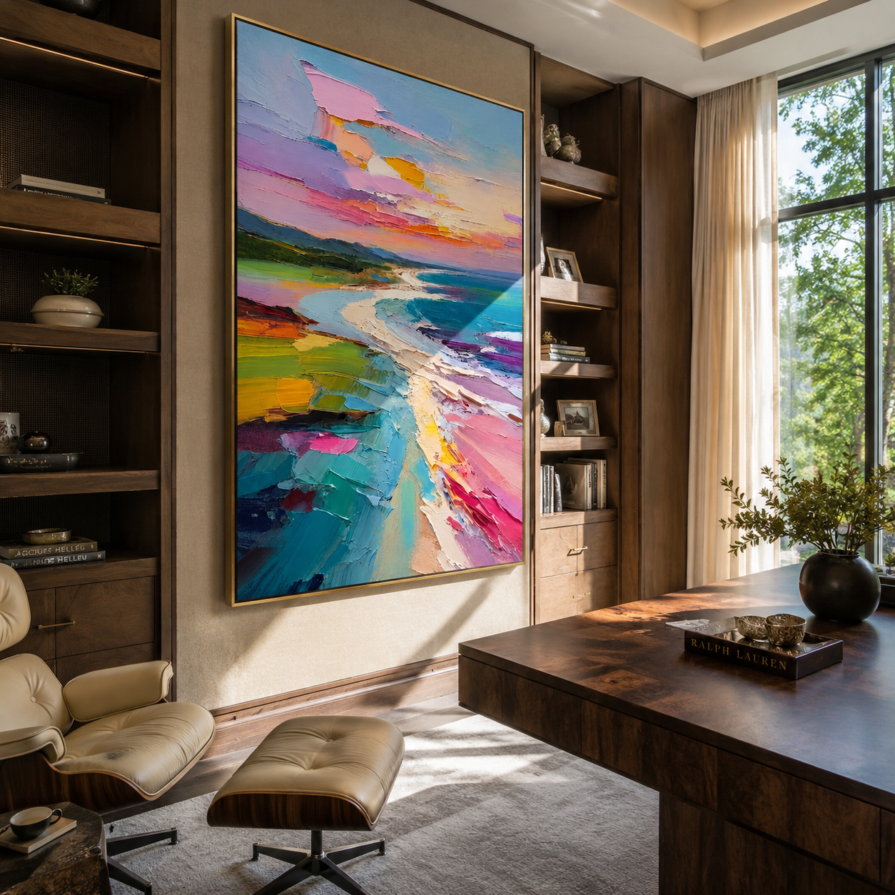 Pastel Shoreline Unfolding presented over an entryway console in a contemporary home