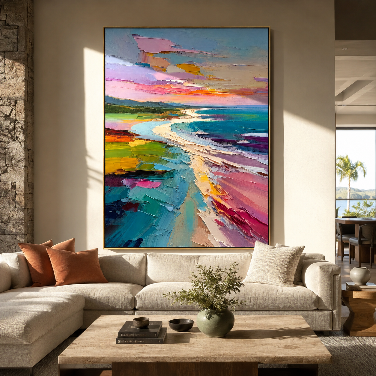 Pastel Shoreline Unfolding displayed in a dining room with coordinated modern decor