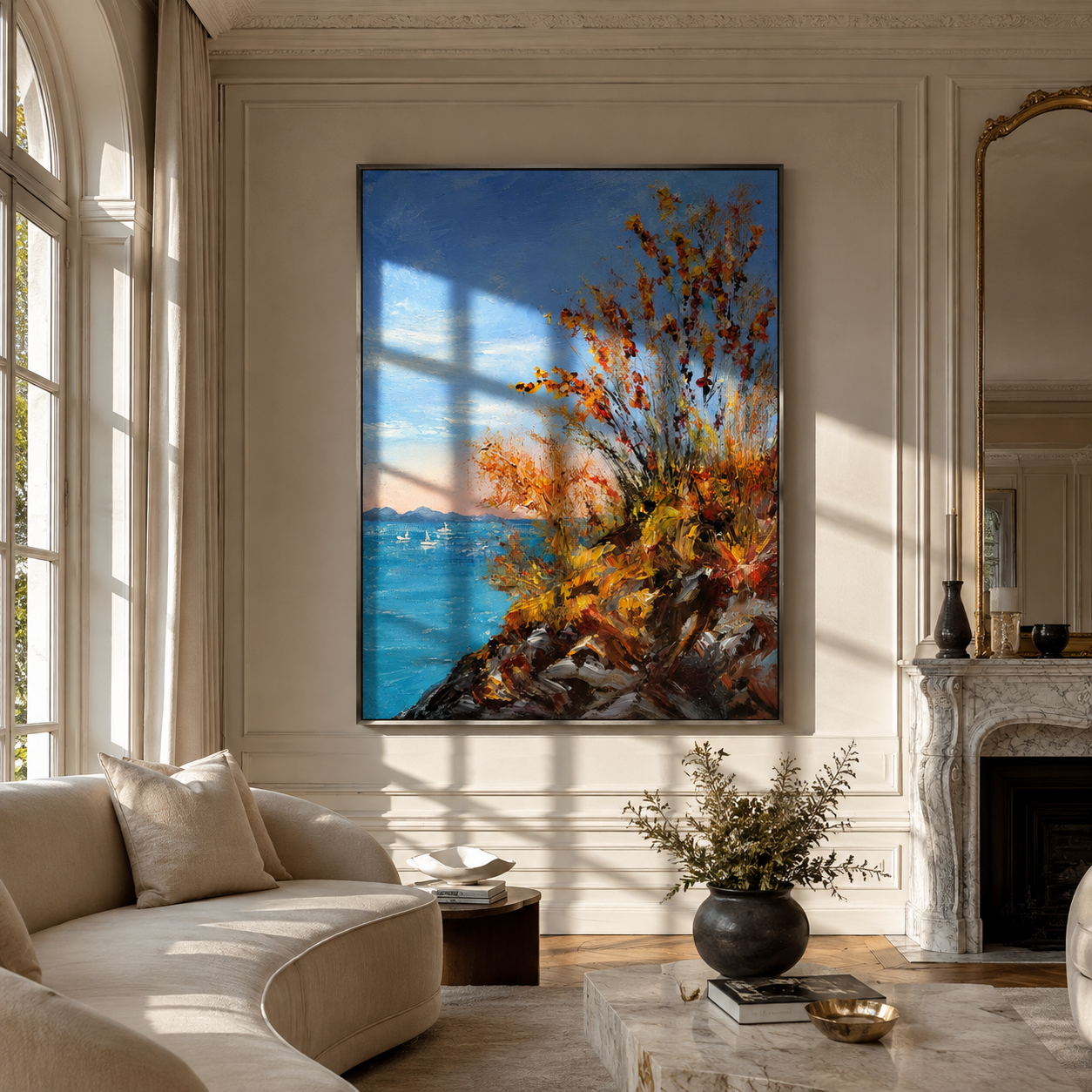 Autumn Cliffs Above Blue displayed above a living room sofa in a warm modern interior
