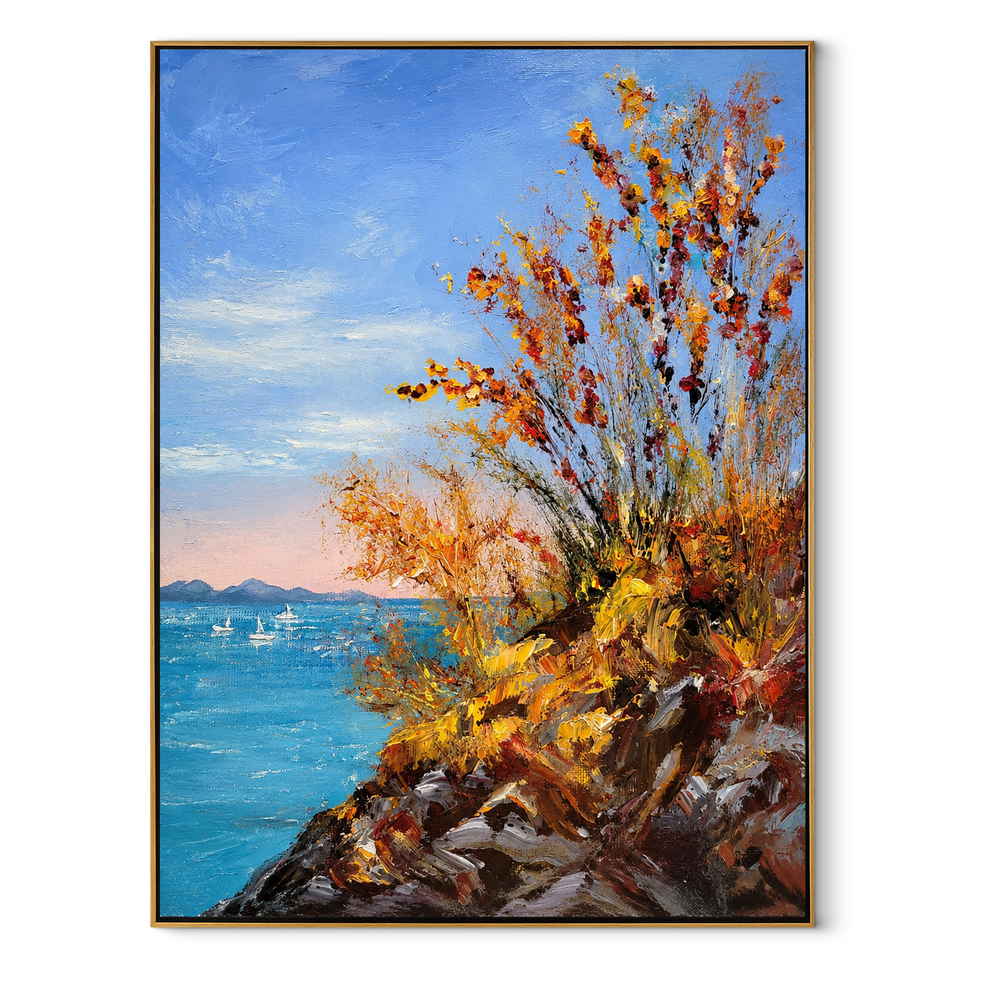 Autumn Cliffs Above Blue orange blue textured coastal landscape painting, vertical canvas artwork