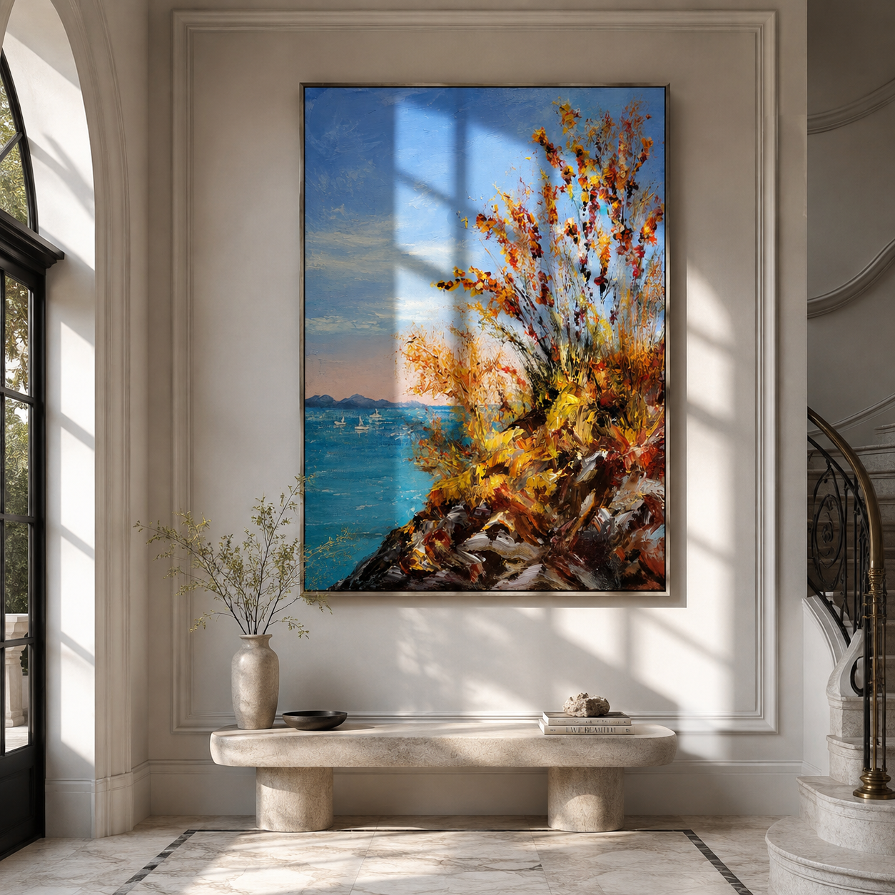Autumn Cliffs Above Blue styled in a quiet reading nook with neutral furnishings