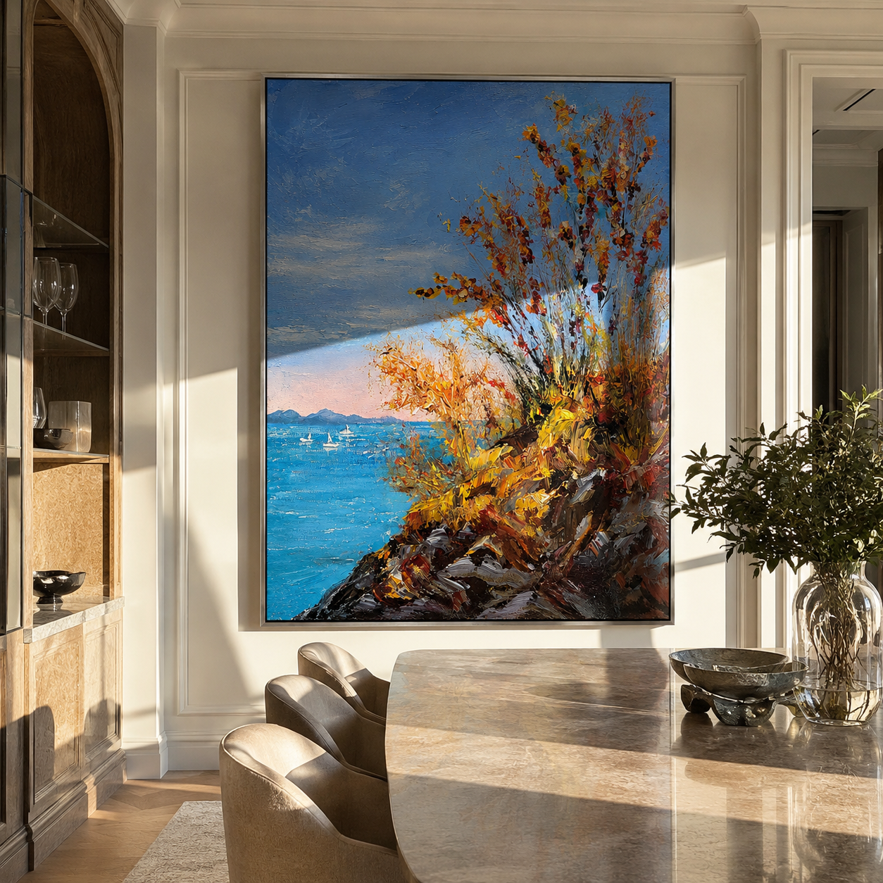 Autumn Cliffs Above Blue presented over an entryway console in a contemporary home