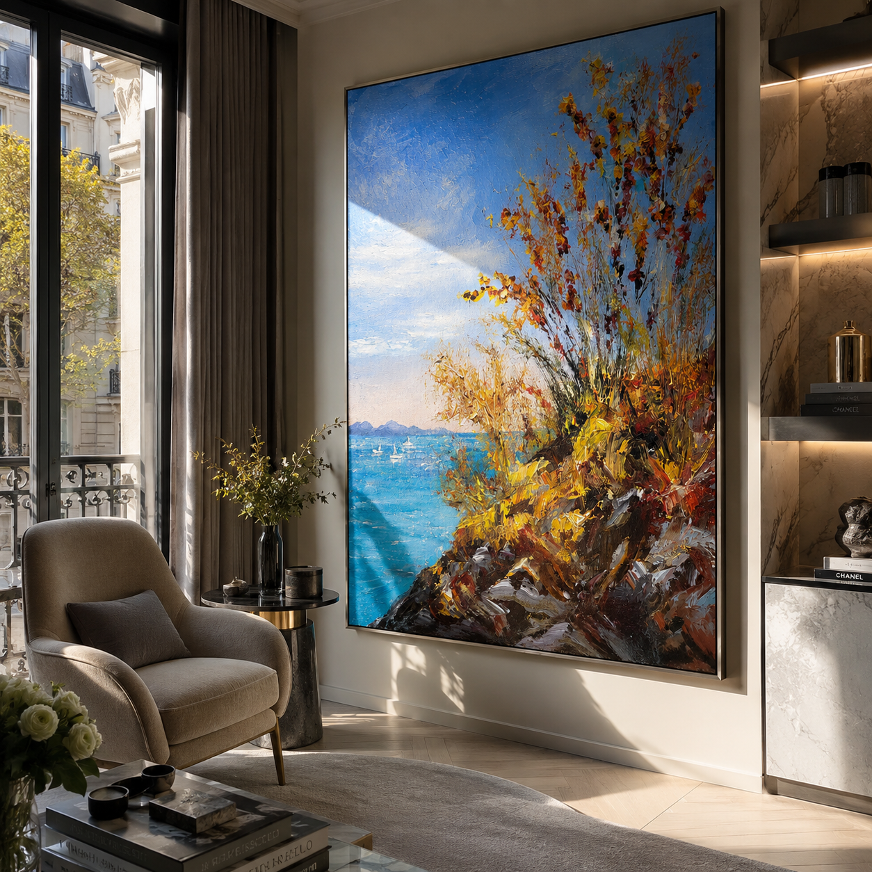 Autumn Cliffs Above Blue styled above a bed in a calm, layered bedroom interior